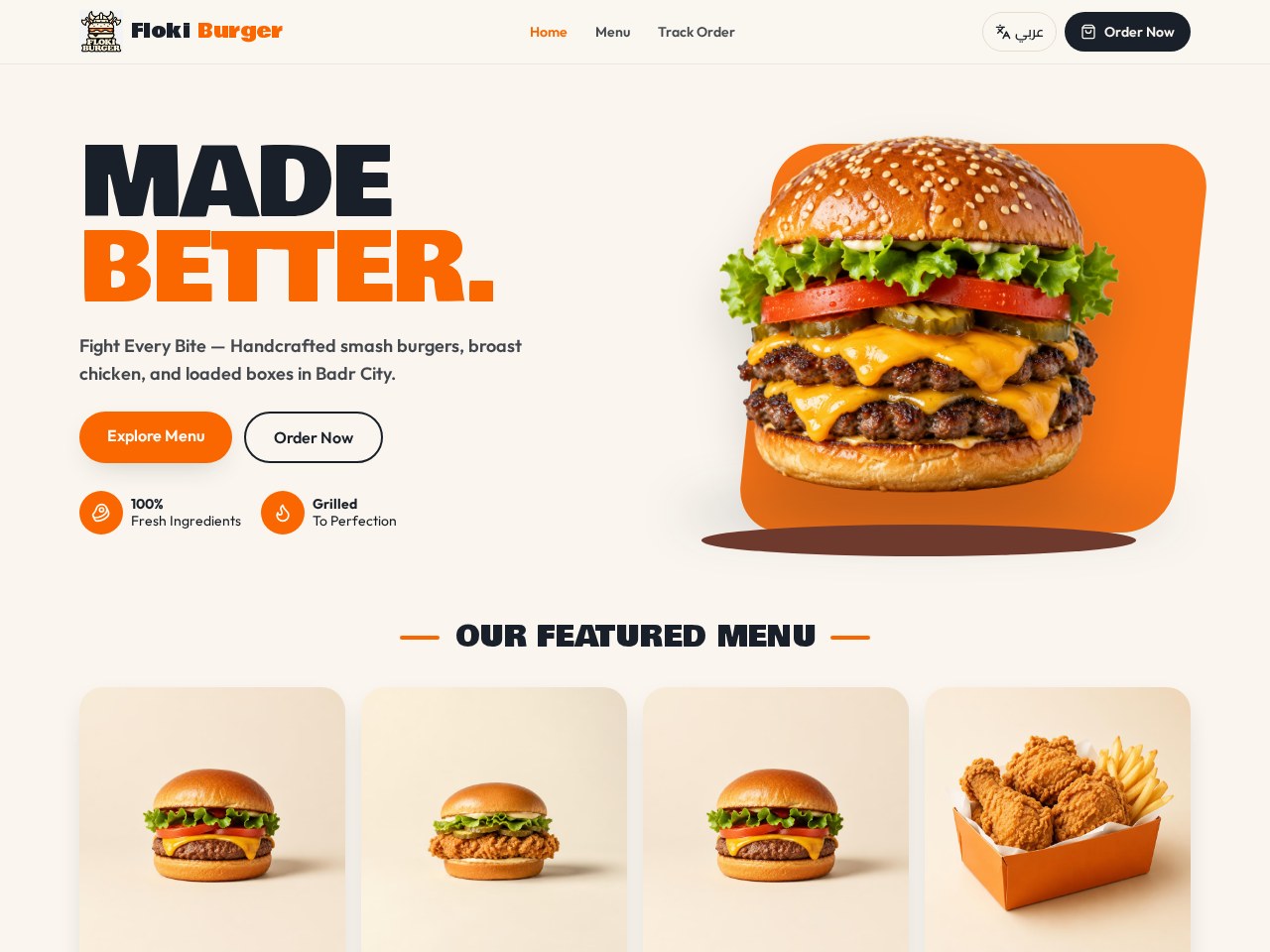 Floki Burger website homepage designed by Visualize